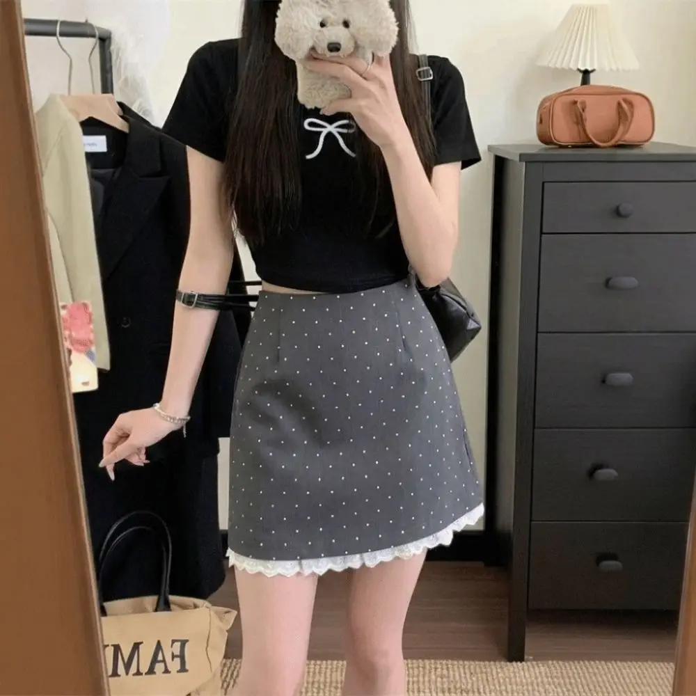 Sweet Elegant Mini Skirt Lace Ruffles High Waist Lace Skirt Retro Style Polka Dot Pattern Polka Dot Skirt Women Summer Wear