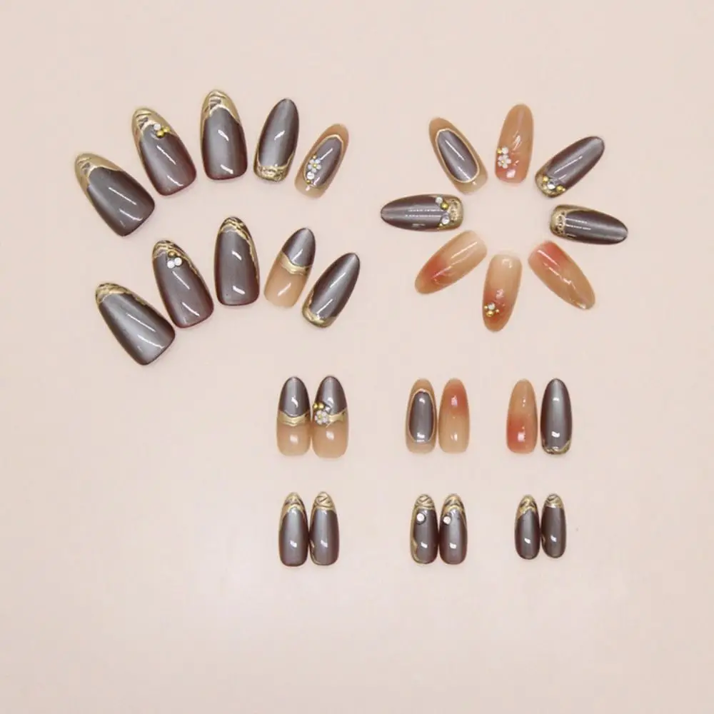 Manicure Long Almond False Nails French Aurora Press on Nails Gilding Flower Tomato Detachable Nail Tips DIY