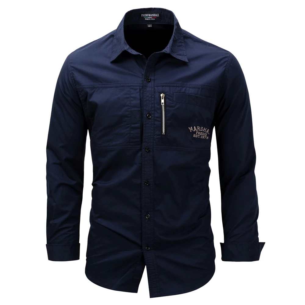 Men\'s Casual Shirt Fashion Solid Color Lapel Button Zipper Pocket Combat Military Shirt Outdoor Fishing Business Casual Shirt