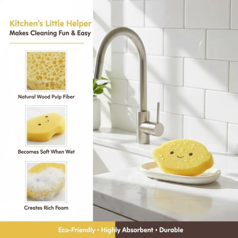 Cute Cartoon Fruit Dish Sponge Brush Easy to Hang Quick Dry Non-Scratch Kitchen Cleaning Gadget for Pots Pans