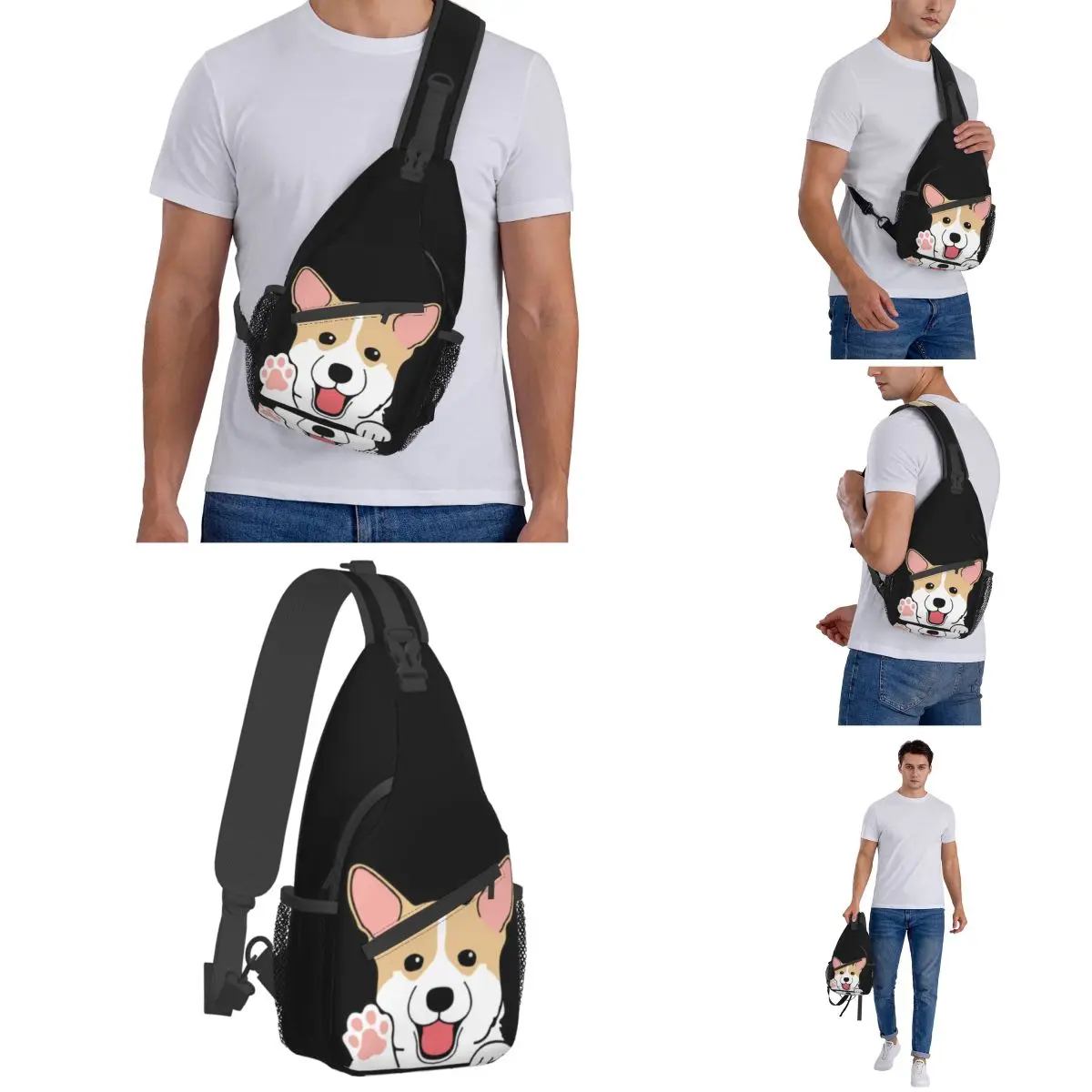 Corgi Cute Paws Smile Crossbody Sling Bag, bolso de pecho informal, mochila de hombro para cachorros, perros y animales, mochila de día para viajes, senderismo y deportes