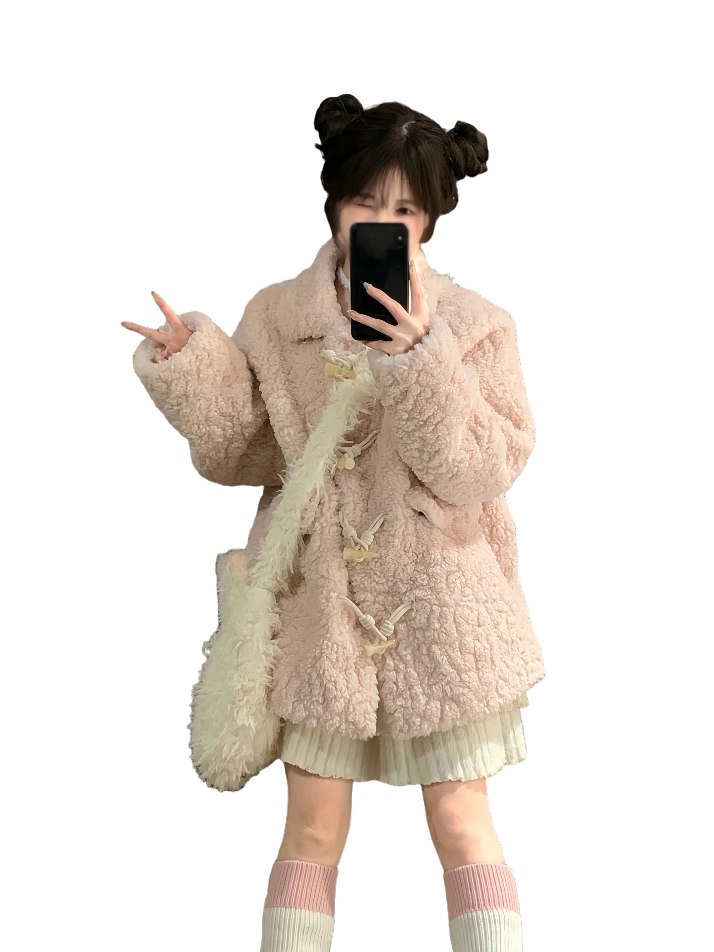 Sweet, cute and eco-friendly lambskin fur coat for women. Winter coat with horn buttons and thick, medium-length fur in one piec