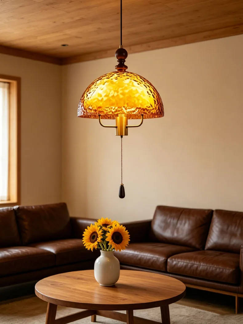 Acrylic Lampshade Pendant Lights Three E27 Bulb Brown Wood