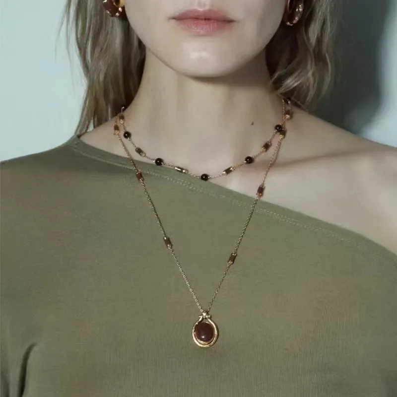 Talisman series saddle buckle Dongling stone pendant simple temperament sweater chain versatile elegant double-sided beaded