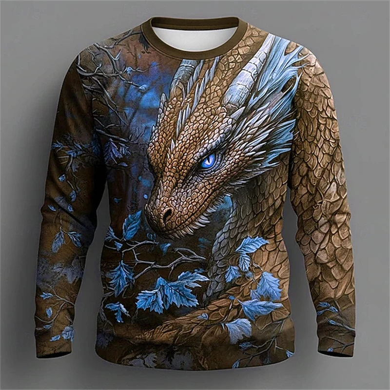2026 New Dragon Print Men's Crew Neck T-Shirt - Summer Casual Long-Sleeve Oversized Pullover - Men's Streetwear Plus Size Top