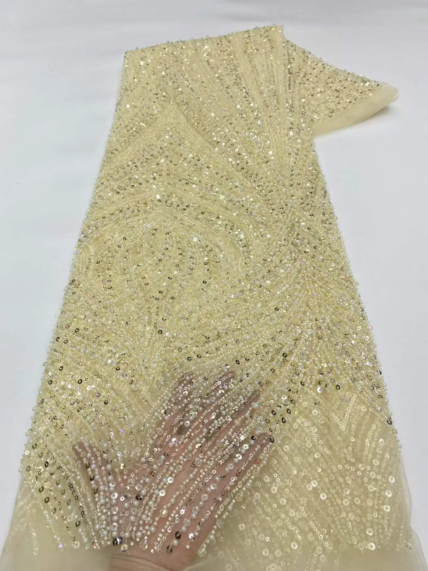 

Luxury African Beaded Sequins Lace Fabrics High Quality Groom Nigerian Wedding Bridal Embroidery French Tulle Sewing 5 Yards