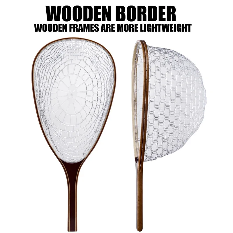 2026 New Stream Fly Fishing Landing Net Solid Wood Handle Rubber Mesh Quick Dry with Safety Lanyard