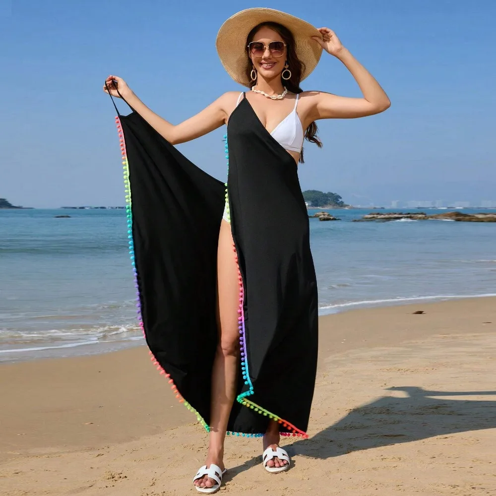 New Portable Sexy Suspender Colored Ball Fringed Bikini Quick-drying Blouse Bali Seaside Vacation Beautiful Beach Skirt