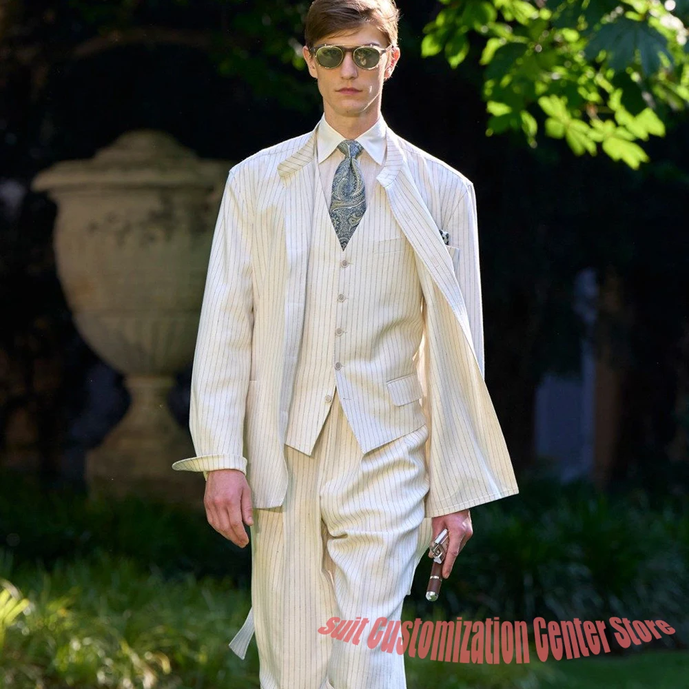 Men's Vintage White Pinstripe 3-Piece Suit Formal Jacket+Vest+Pants Set for Summer Garden Party Wedding Groom Attire
