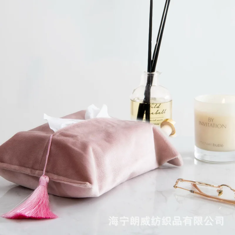 Ins Style Fabric Tissue Bag Velvet Modern Minimalist Handmade Tassel Tissue Cover,Desktop Tissue Box,Flannelette Storage Box