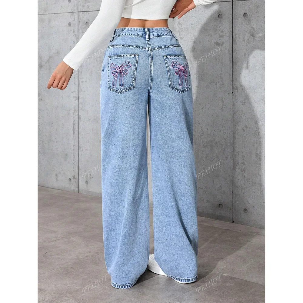 

Wide Leg Pants Women Jeans Embroidery Pockets Straight Trousers Washed High Waist 2025 Streetwear Vintage Floor Length Denims