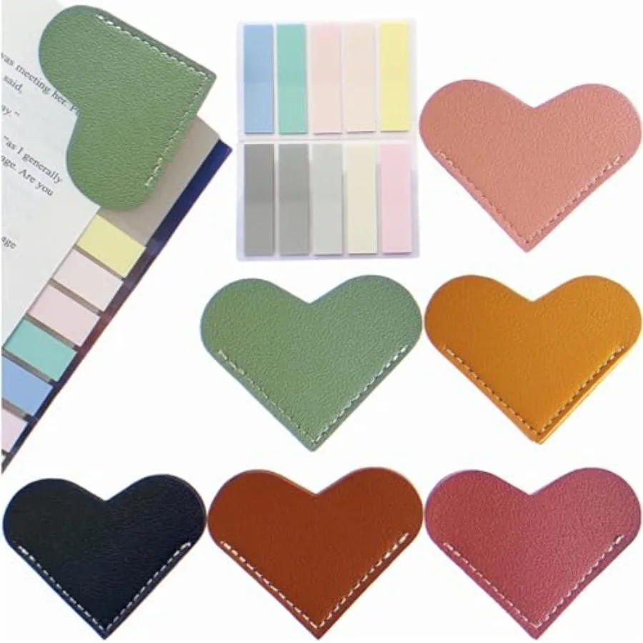 

Leather Heart Bookmarks, 6 PCS Laser Engraving Materials, Cute Book Marks with 200 PCS Sticky Tabs for Book Lovers Gifts, Laser