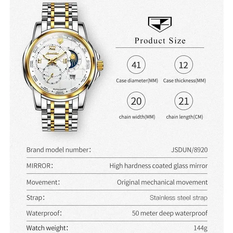 ساعة ميكانيكية أوتوماتيكية فاخرة للرجال JSDUN ، متعددة الوظائف ، مرحلة القمر ، مقاومة للماء من الفولاذ المقاوم للصدأ ، التاريخ ،