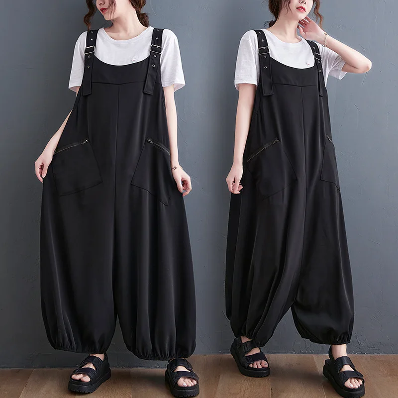 Plus Size Women's Loose Jumpsuit with Zipper Pocket Decorations Summer Overalls Wide Leg Pants Dungarees