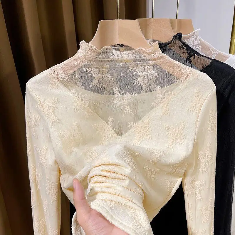 

Half High Collar with Velvet Lace Base Sweater for Women's Spring New Warm Inner Layer Girl Innerwear Small Layering Artifact