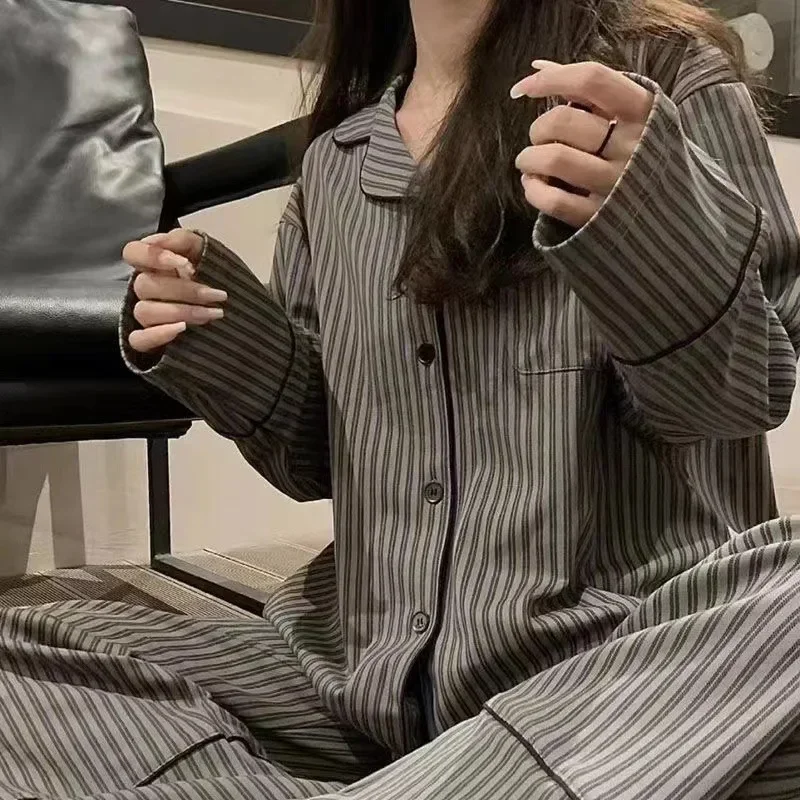 Pajamas for Ladies in Spring and Autumn Long Sleeved Striped Design Can Be Worn Externally Student Sleepwear Girl Nightwear