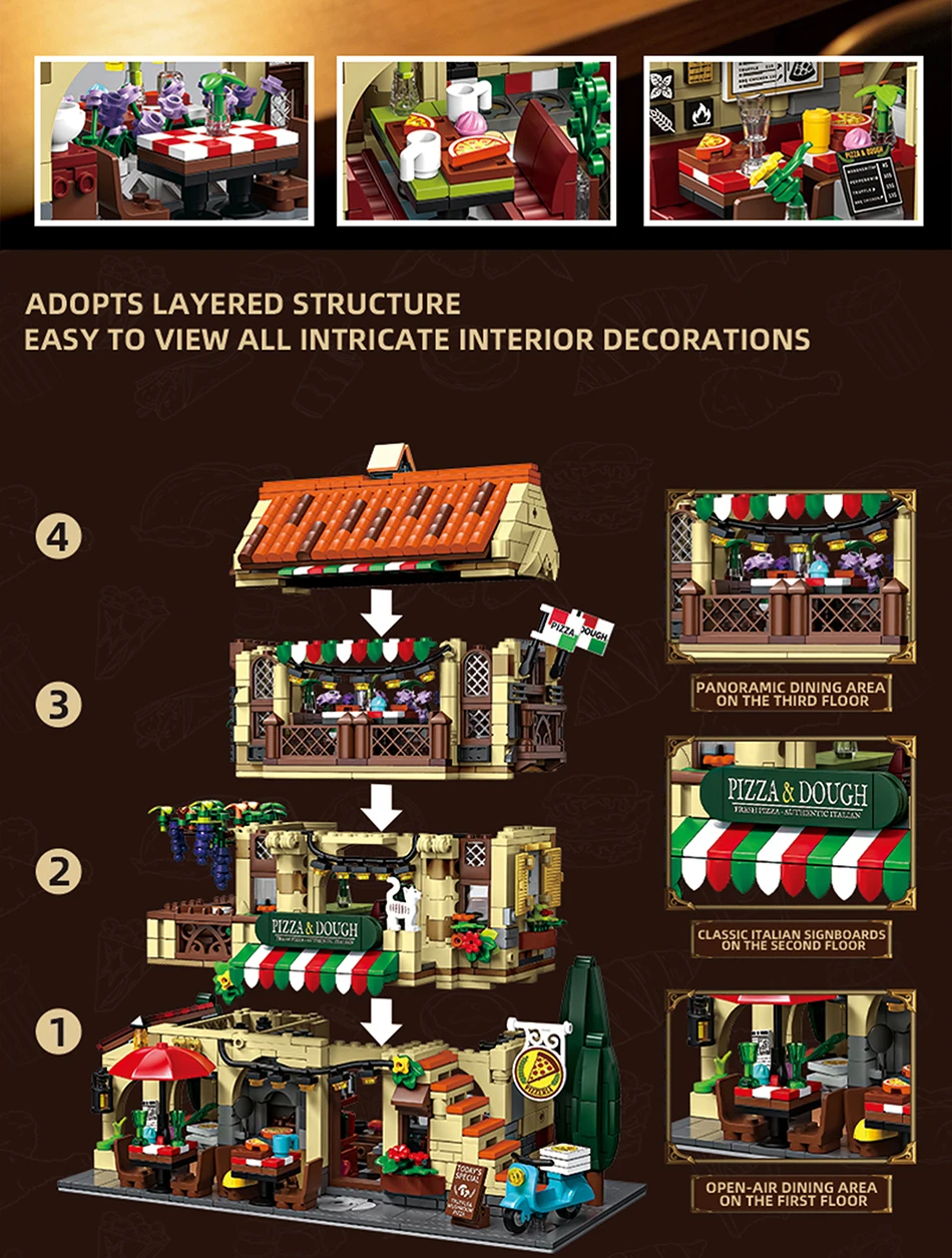 City Series MOC 1962pcs Pizza Shop Model Building Blocks DIY Pizza Restaurant Bricks Toys Gifts For Men Boy Desktop Ornament