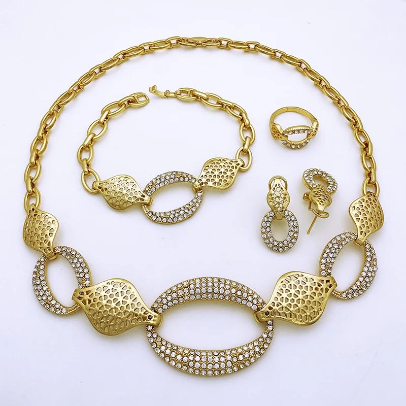 Elegant Jewelry Sets For Women Classic Design Dubai Gold Color Jewelry Round Necklaces Earrings Bracelet And Ring