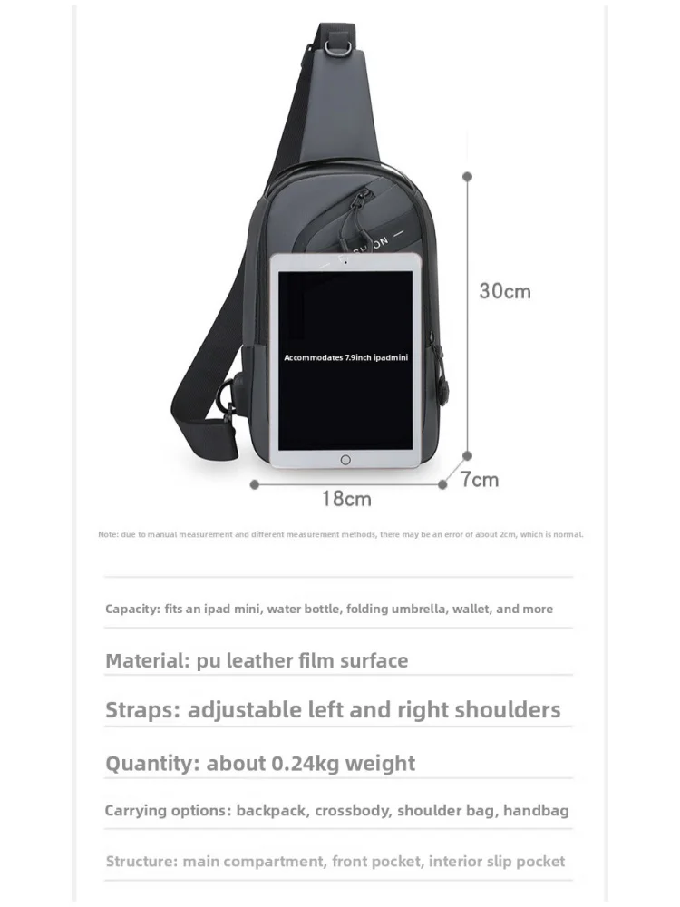New Minimalist Men's Chest Bag, Large-capacity USB Charging Shoulder Bag, Multi-functional and Versatile Waterproof CrossbodyBag