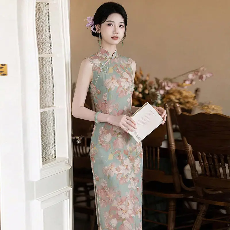 Pink Sleeveless Chinese Style Long Cheongsam Improved Young New Women's High-end Summer Qipao Dress