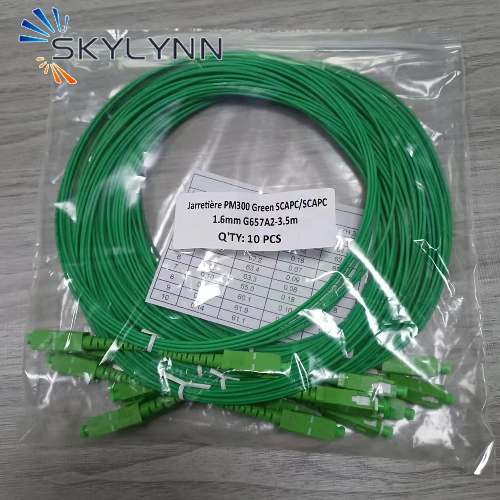 Personalizado 100 Uds SC/APC-SC/APC modo único G657A2 núcleo Simplex 1,6mm de diámetro Cable de conexión de fibra óptica chaqueta LSZH verde 3,5 M