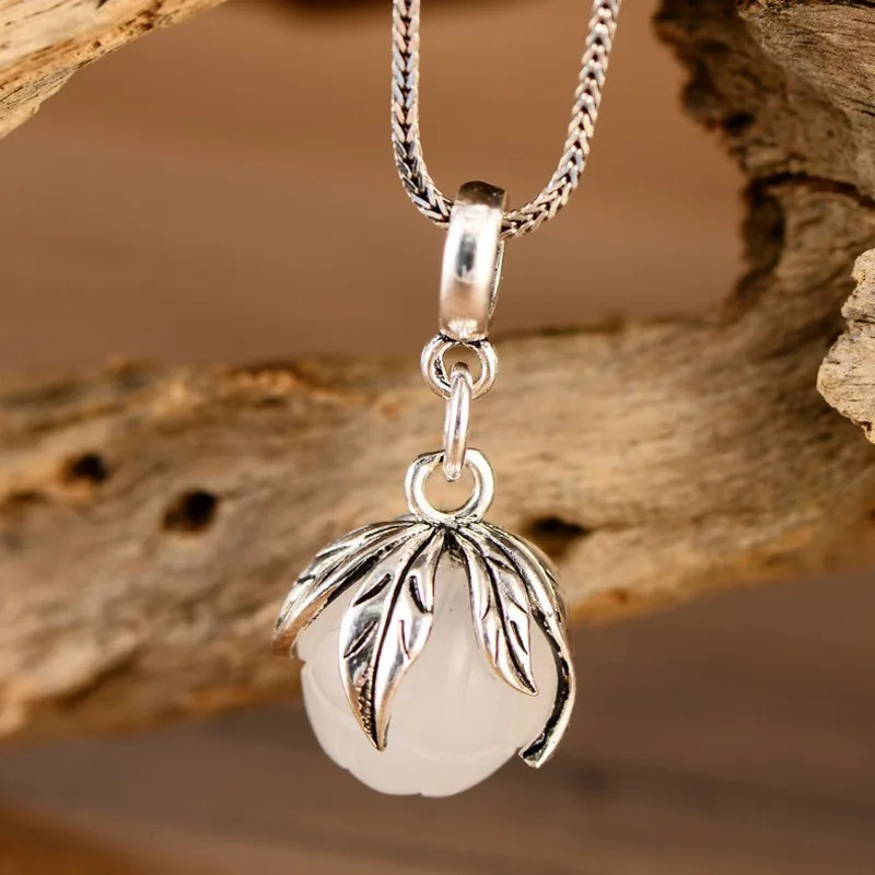 BOCAI S925 Sterling Silver Vintage Leaf Wrapped White Jade Marrow Pendant Fashionable Women's Gift