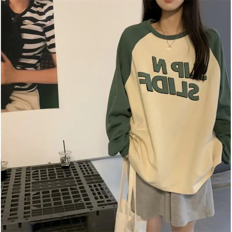 Street Casual Contrast Patchwork Loose T Shirts Print Letter Loose Trend Tops Spring Autumn New Fashion Korean Women Clothing