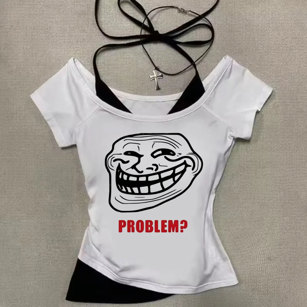 Dark Internetcore Y2K Cursed Trollface Funny Meme T-Shirt Men Women Fashion Crop Top Tees