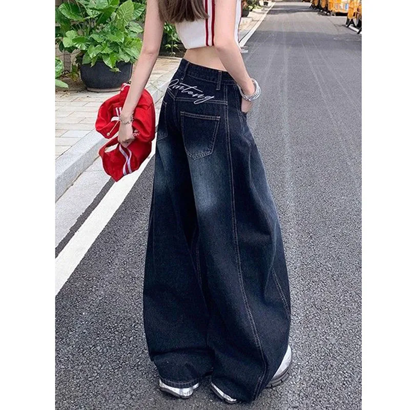 Letter Embroidery Wide Leg Trousers Women Korean Fashion High Waisted Sickle Jeans Female New Streetwear Baggy Y2K Denim Pants