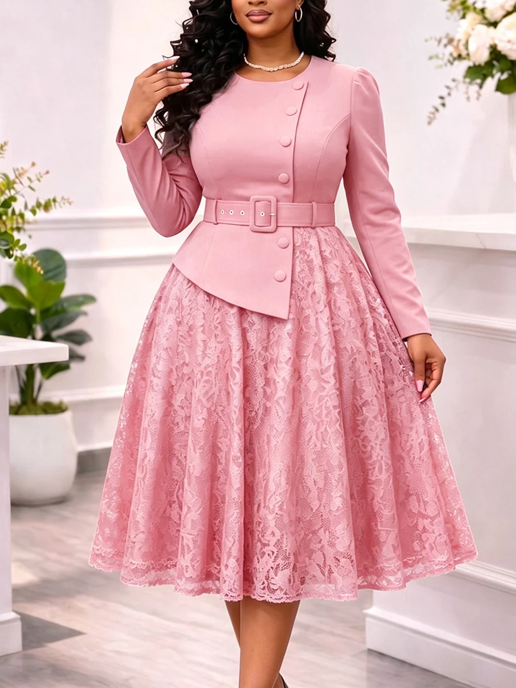 JENYAGE Damen Einfarbiges, schlichtes, langes Kleid mit Rundhalsausschnitt, Gürtel, Peplum-Spitzenrock, A-Linie, formelles Kleid für Hochzeitsgäste und Partys – Detail 2