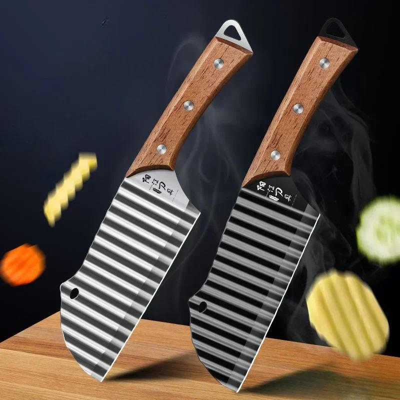 Stainless Steel potato cutter Handheld Chipper Chopper, Vegetable Salad Chopping Knife Home Kitchen Wavy Blade Cutting Tool