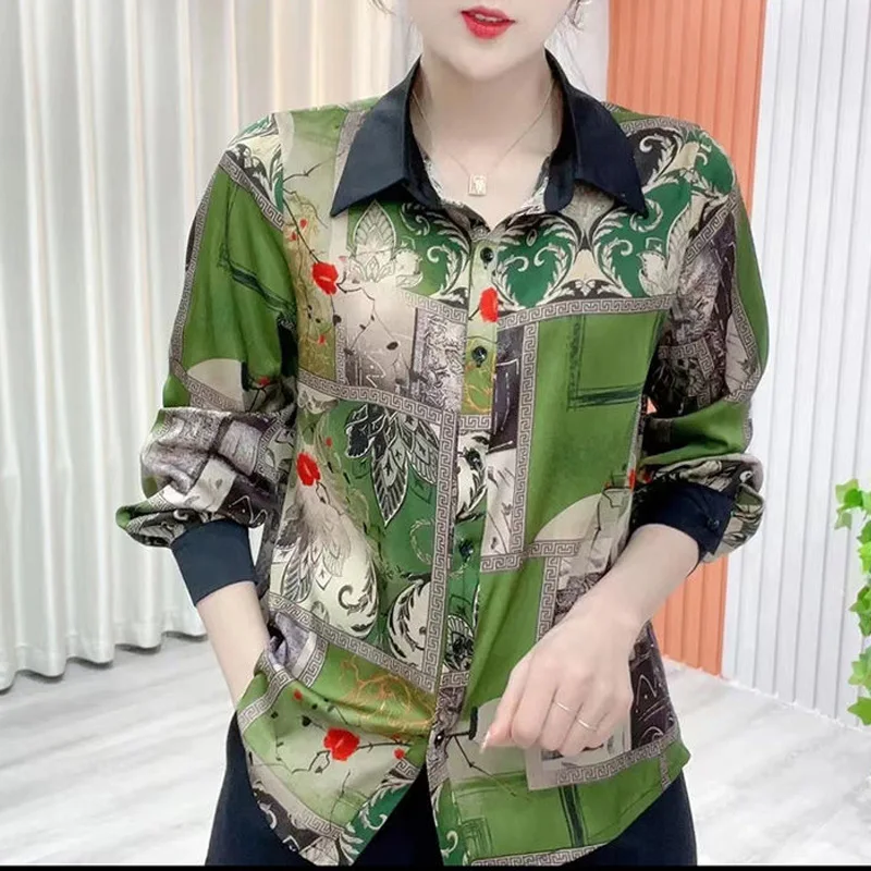 2023 New Spring and Autumn Fashion Trend Commuter Simple Printed Polo Collar Contrast Loose Relaxed Versatile Women\'s Shirt