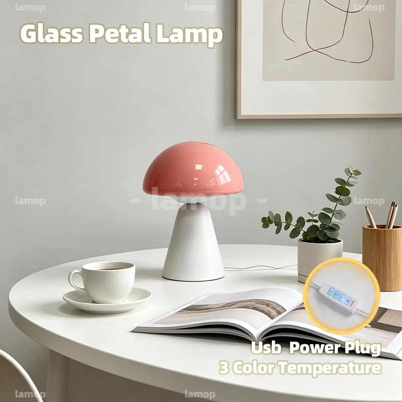 Glass Mushroom‑Canopy Glass Shade Table Lamp Literary‑Pastoral 3 Tone Mellow Glow Study Shelf Decor