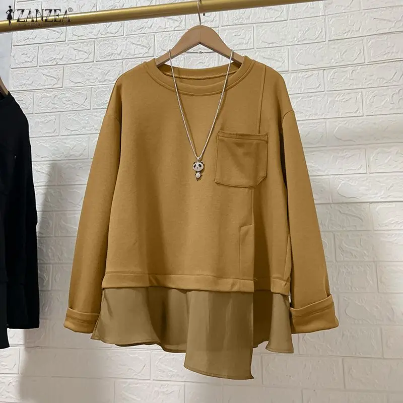 

ZANZEA женские толстовки с длинными рукавами, осенние свободные повседневные джемперы с карманами, 2026, модные лоскутные пуловеры большого размера, женские топы