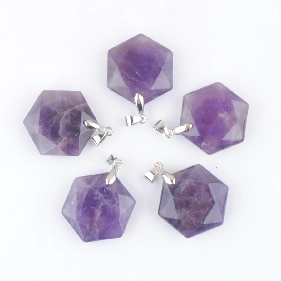 

Purple Natural Amethyst Stone Pendants Faceted Polygon Shape Reiki Healing Chakra Charm Luck Jewelry 5Pcs AN4379