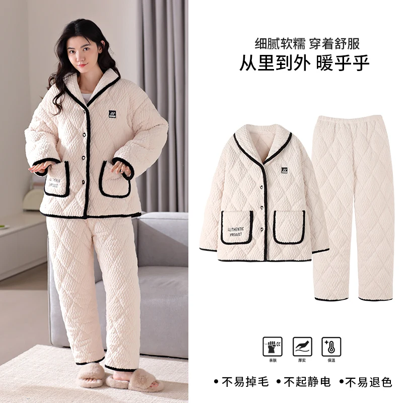 High Quality Three-layer Clip Cotton Pajamas Women Flannel Quilted Sleepwear Female Warm Pijamas Mujer