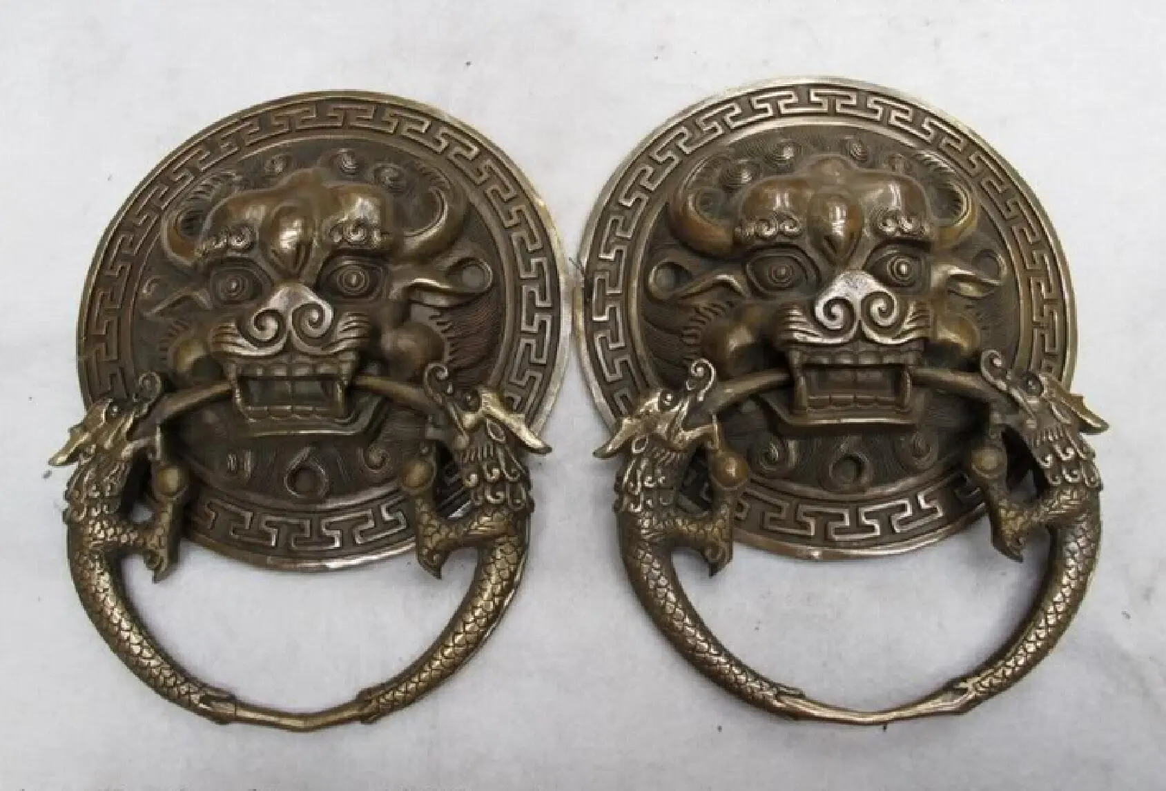 Copper Royal Palace Guardian Evil Feng Shui Foo Dog Lion Head Door knocker Pair