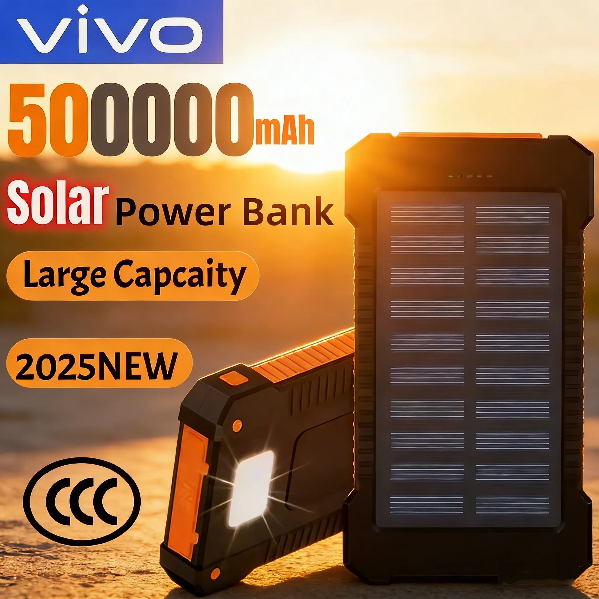 Banque d'énergie solaire 500000mAh, Powerbank de très grande capacité, charge Super rapide, lampe de poche Portable, batterie externe