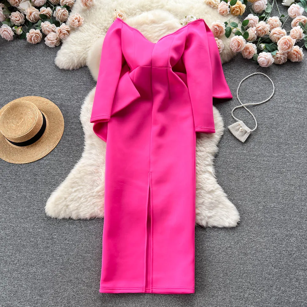 Vestido retrô de cetim, saia longa de dama de honra, sexy, slim fit, ombro nu, nó de crimento médio, estilo coreano, prima...