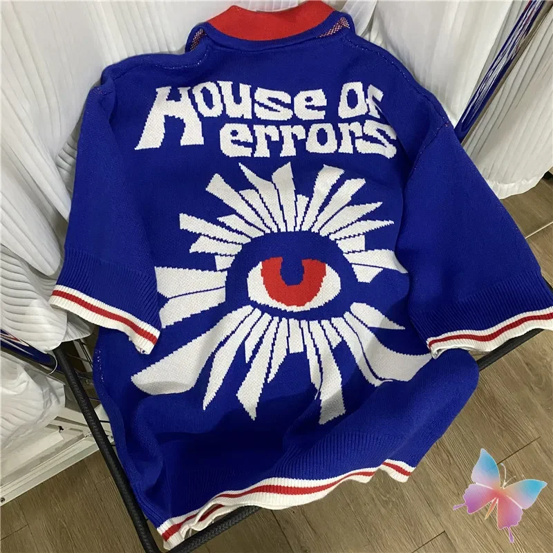 Blue House of Errors Sweaters Embroidered Logo White Letter Jacquard Lapel Short Sleeved Pullover Men Women Knitted Sweatshirts