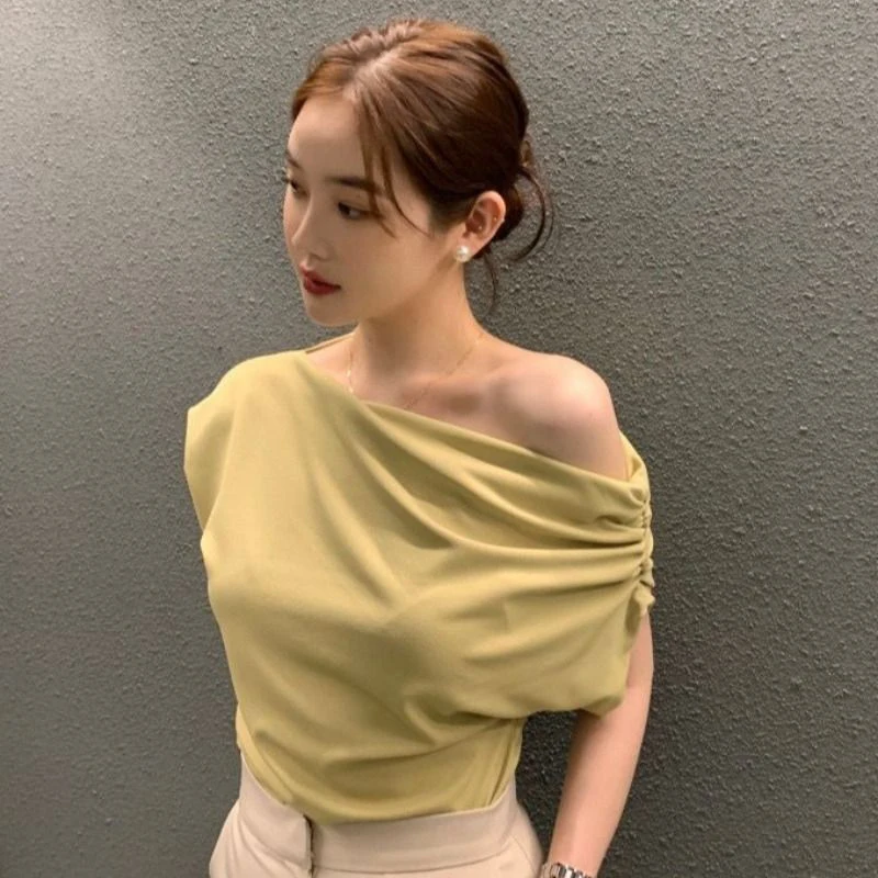 Korean New Women T Shirts Elegant Off Shoulder Folds Female Casual Tees Summer Fashion Skew Collar All Match Ladies Crop Tops