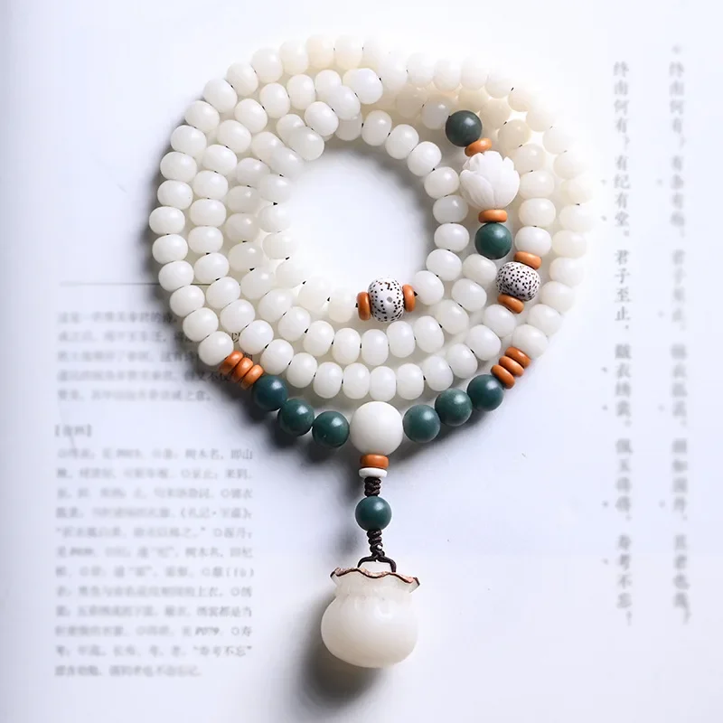 Bodhi root hand string white jade 108 Buddha beads holding prayer carvings fortune bag necklace bucket beads rosary man