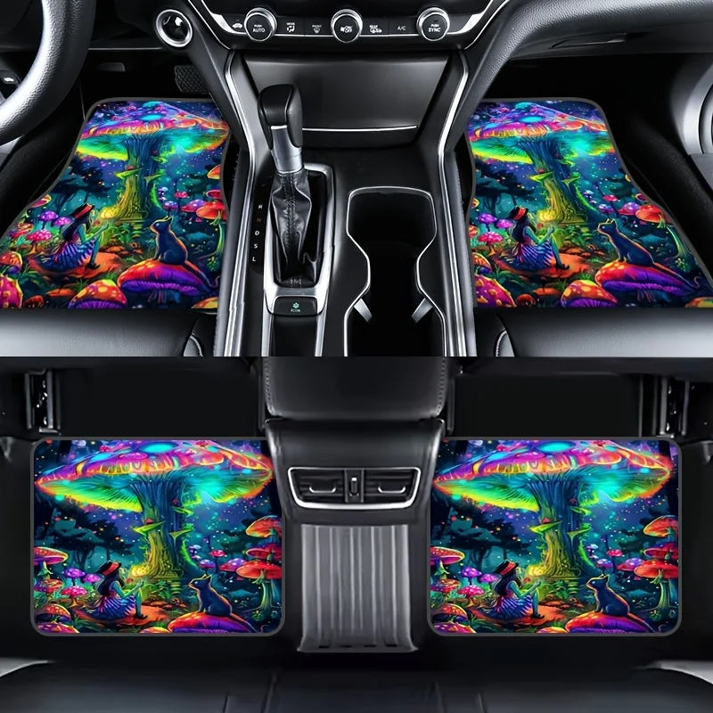 4pcs Set Colorful Mushroom/Wolf King Design Car Mats - Non-Slip, Absorbent Mats For Cars, Trucks, SUVs, Vans/Vehicle Floor Mats