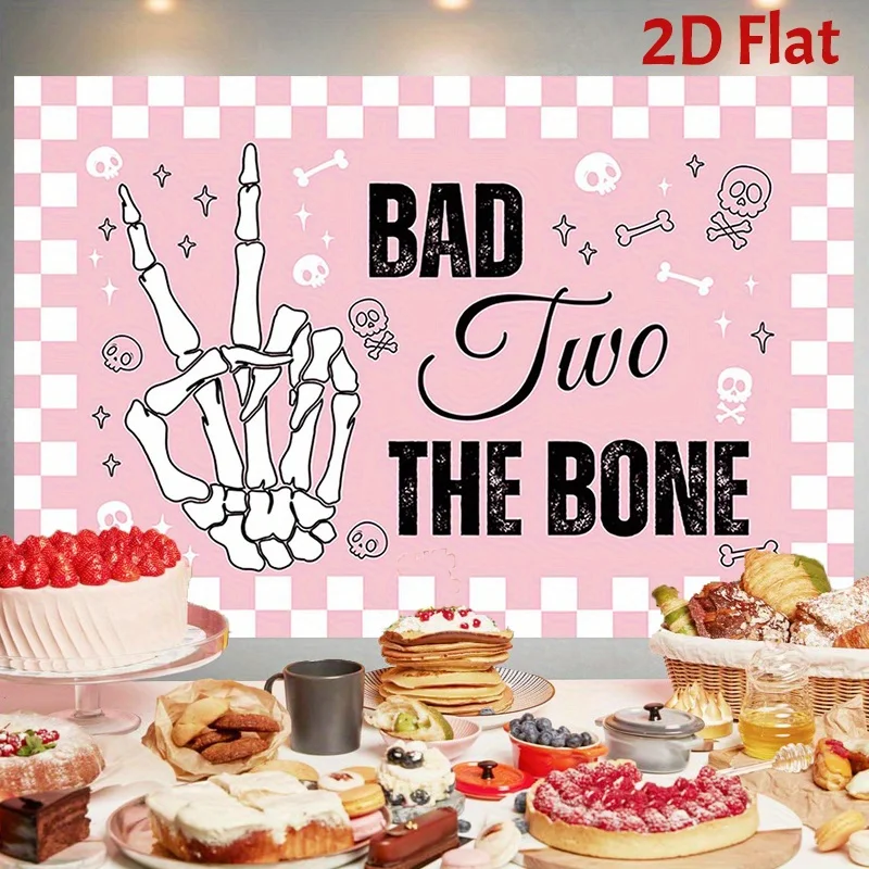 A 2D flat banner suitable for a two-year-old child's birthday celebration, with a pattern of pink and white skulls.