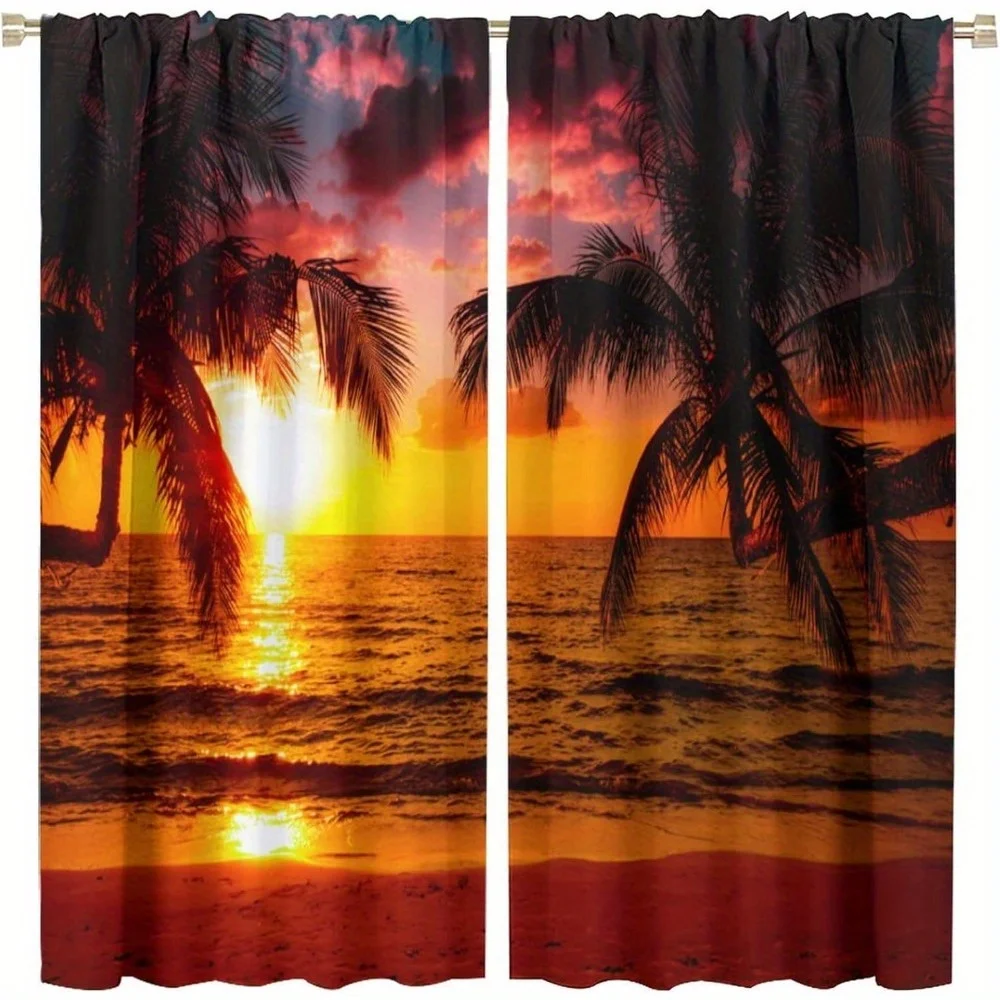 2pcs Tropical Sunset Blackout Curtains - Vibrant Palm Tree & Ocean View, Semi-Sheer Privacy Drapes for Living Room & Kitchen, Ea