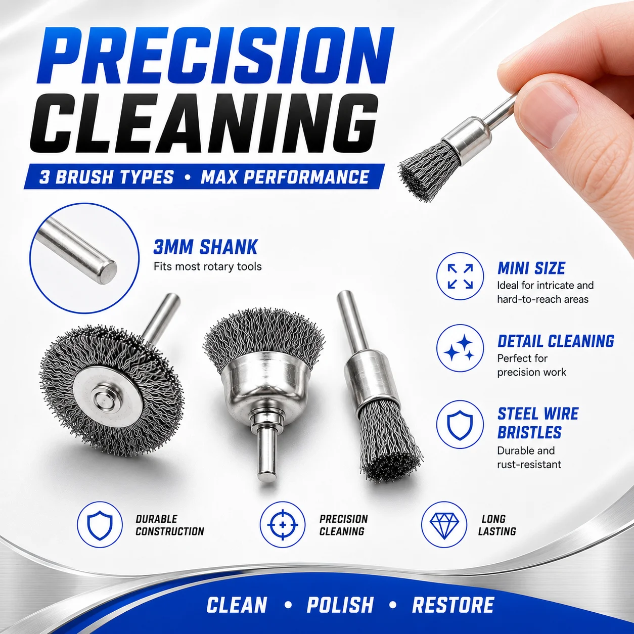 3Pcs Mini Steel Wire Brush, Drill Rotary Tool Cleaning Brush Wheel, Metal Rust Removal Polishing Disc for DIY