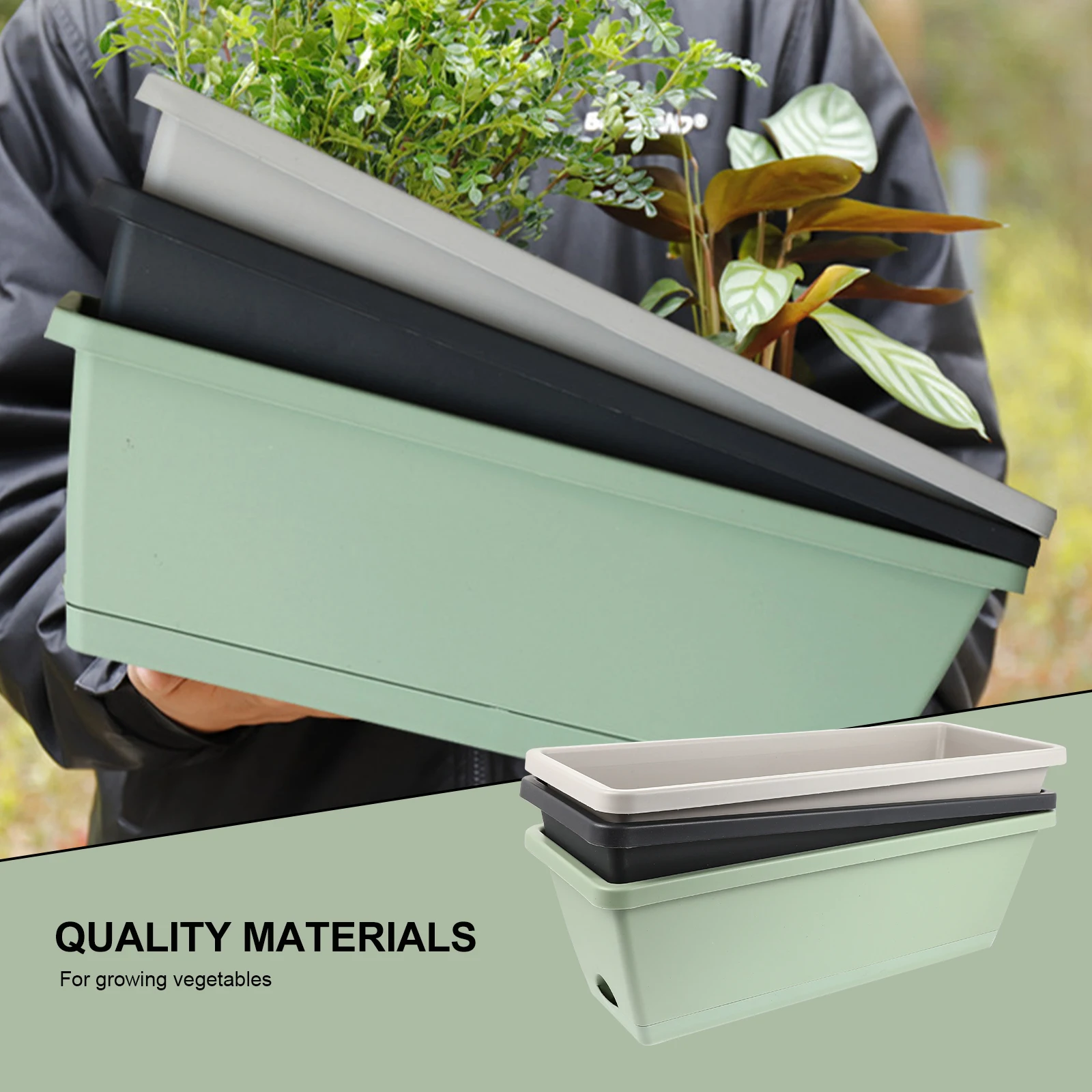 

3 Pcs Vegetable Planting Pot Rectangle Balcony Garden Flower Pot Black Grey Green 411g With Tray Home Decor Lightweight Durable