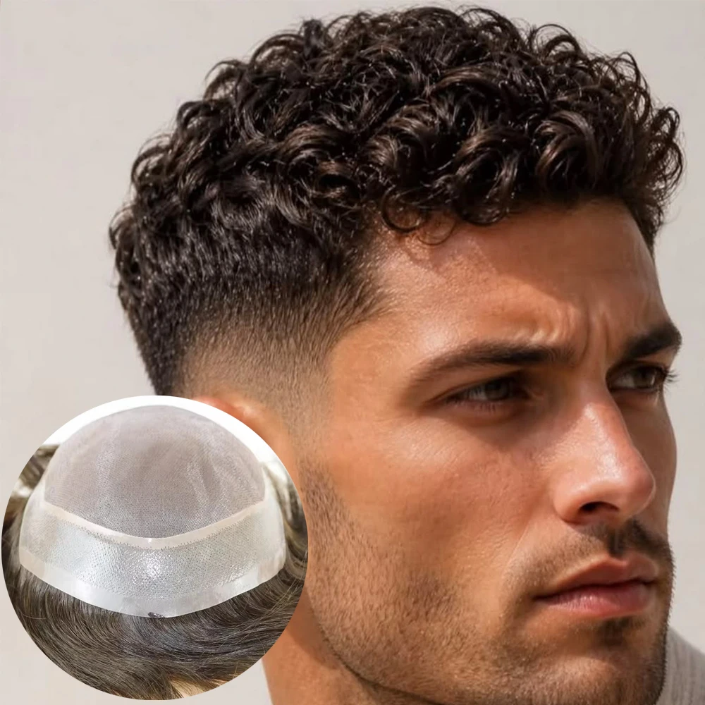 Natural Hairline Men Toupee 18mm Afro Curly Breathable Mono Pu Base #4 Medium Brown Human Hair Replacement CapillaryProsthesis