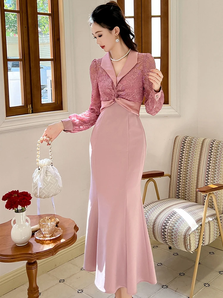 Imagem -04 - Vestido Longo Retrô Feminino Doce e Elegante Rosa Trançado Renda Pura Babados Emendados Robe Rabo de Peixe Banquete da Festa Celebridade