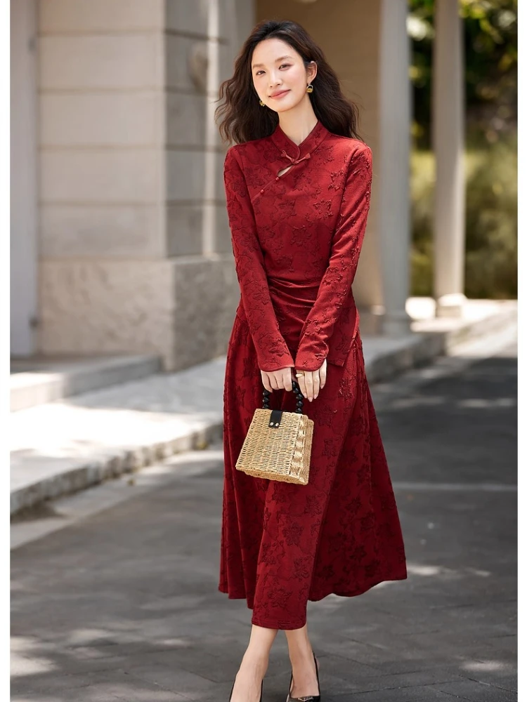 

VIMLY Woman Red Jacquard Skirt Sets Chinese Style 2025 Autumn Female Knitted Irregular Full Sleeve Tops Midi A-line Skirt A2896